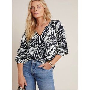 Farm Rio for Anthropologie Angela tropical floral blouse in black white Size XS
